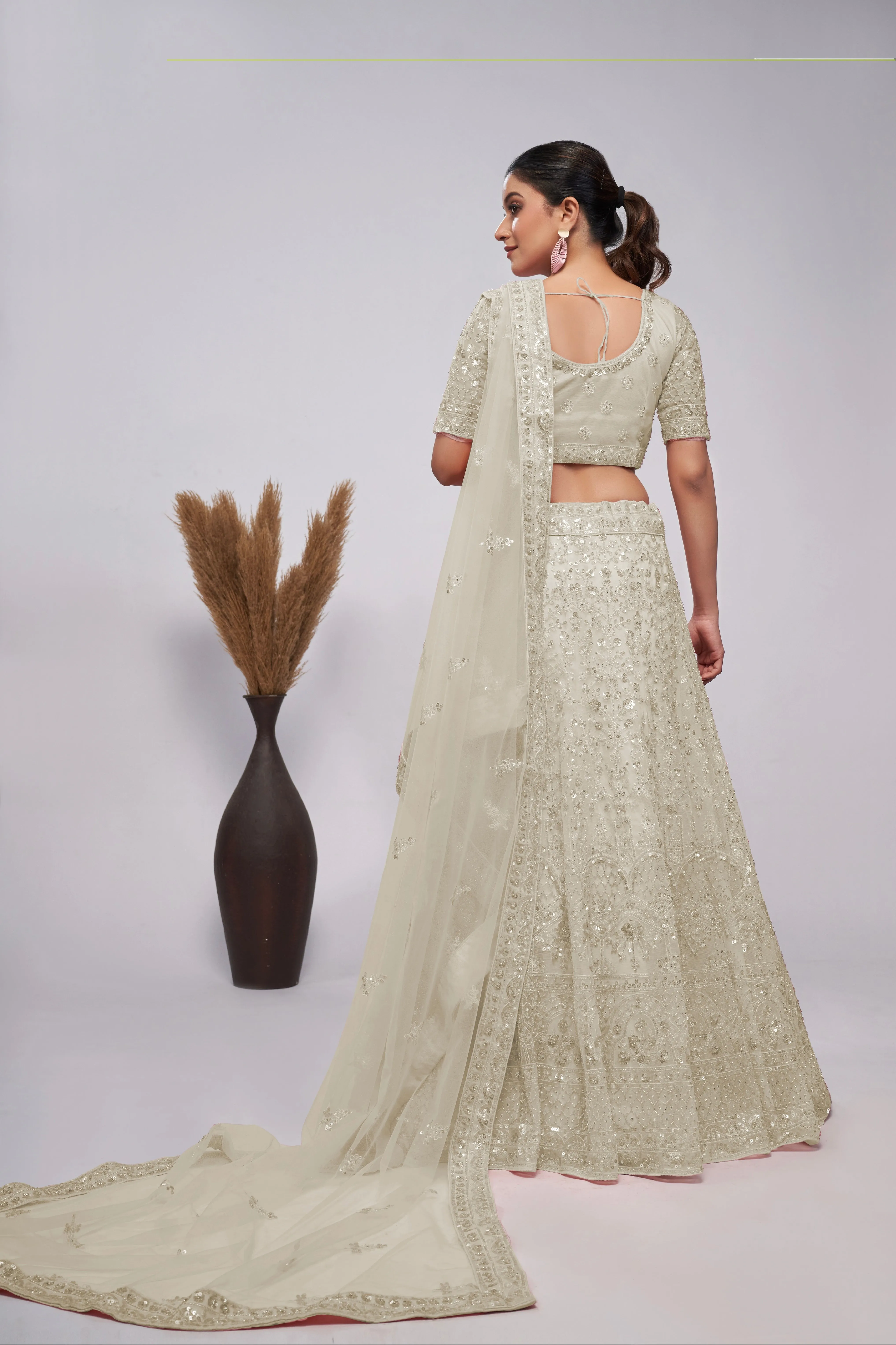 Elegant White Lehenga Set with Cutdana & Sequins Embroidery