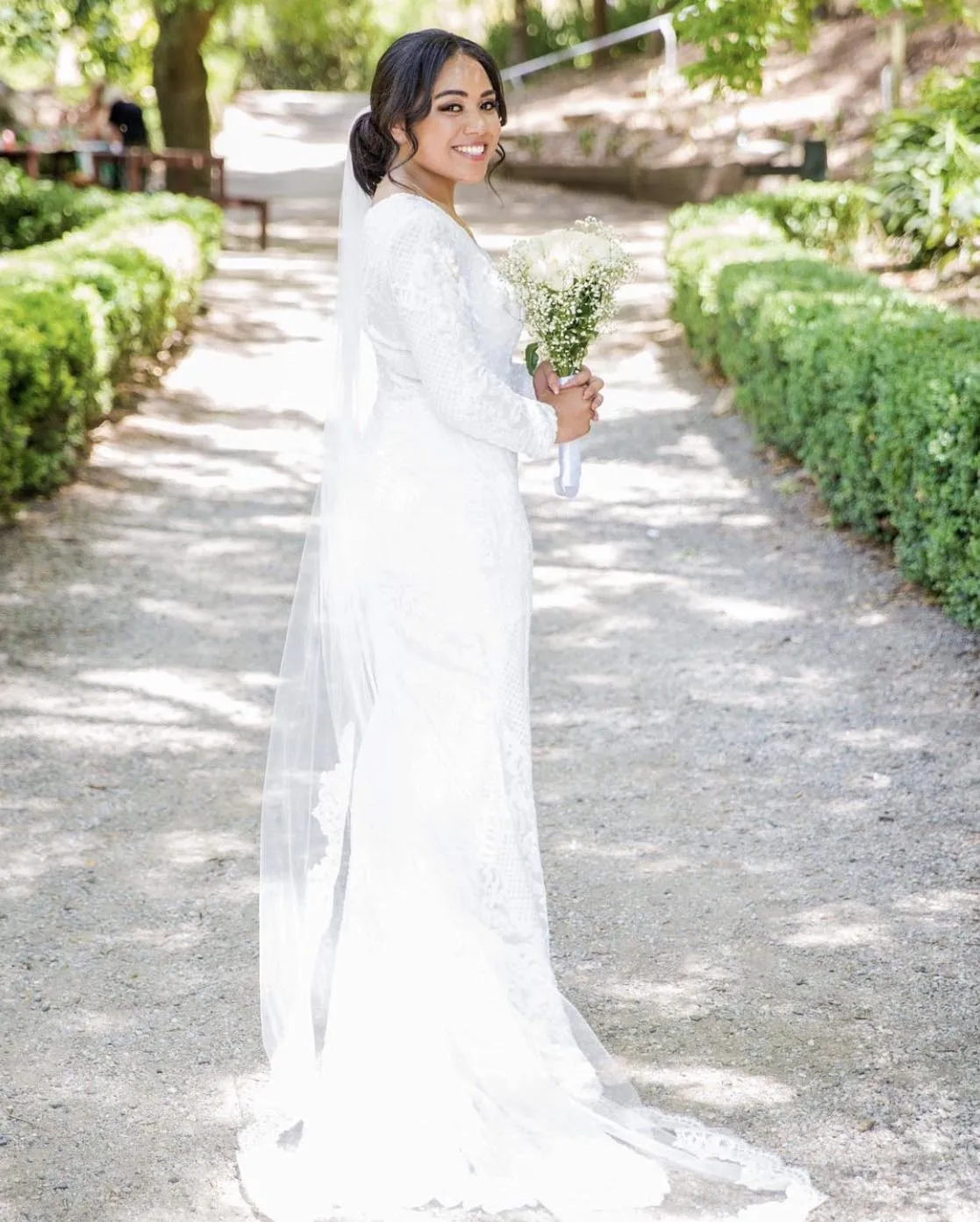 Elena Long-Sleeve Pattern Sequin Gown - White/White