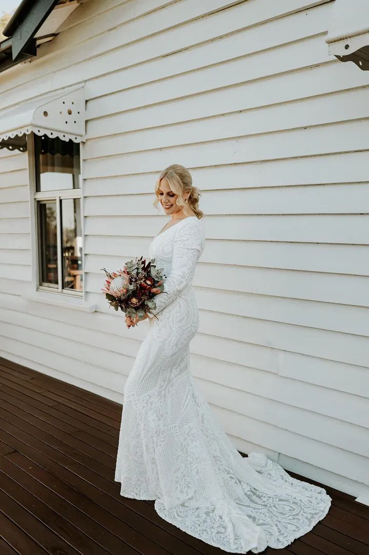 Elena Long-Sleeve Pattern Sequin Gown - White/White