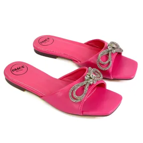 Farah Diamante Bow Square Toe Slip on Flat Summer Sandal Sliders in Fuchsia