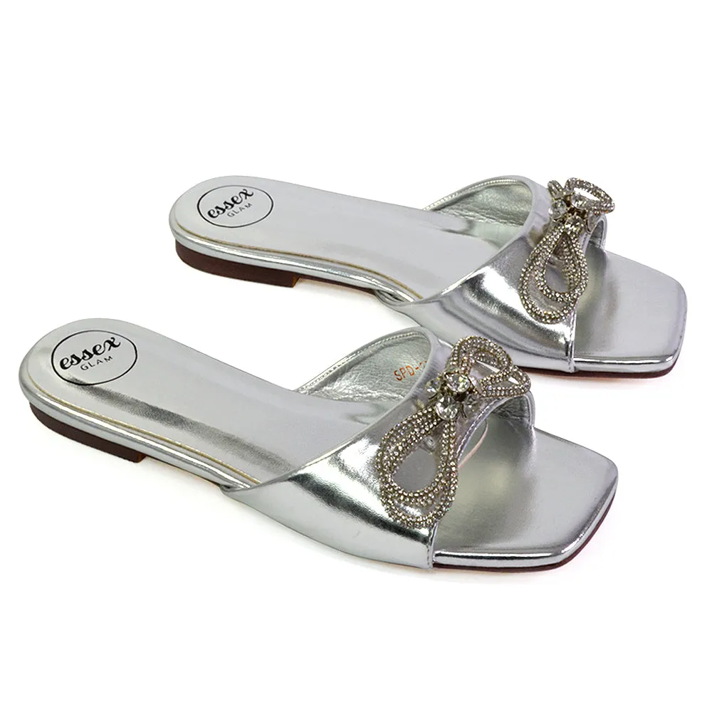 Farah Diamante Bow Square Toe Slip on Flat Summer Sandal Sliders in Fuchsia