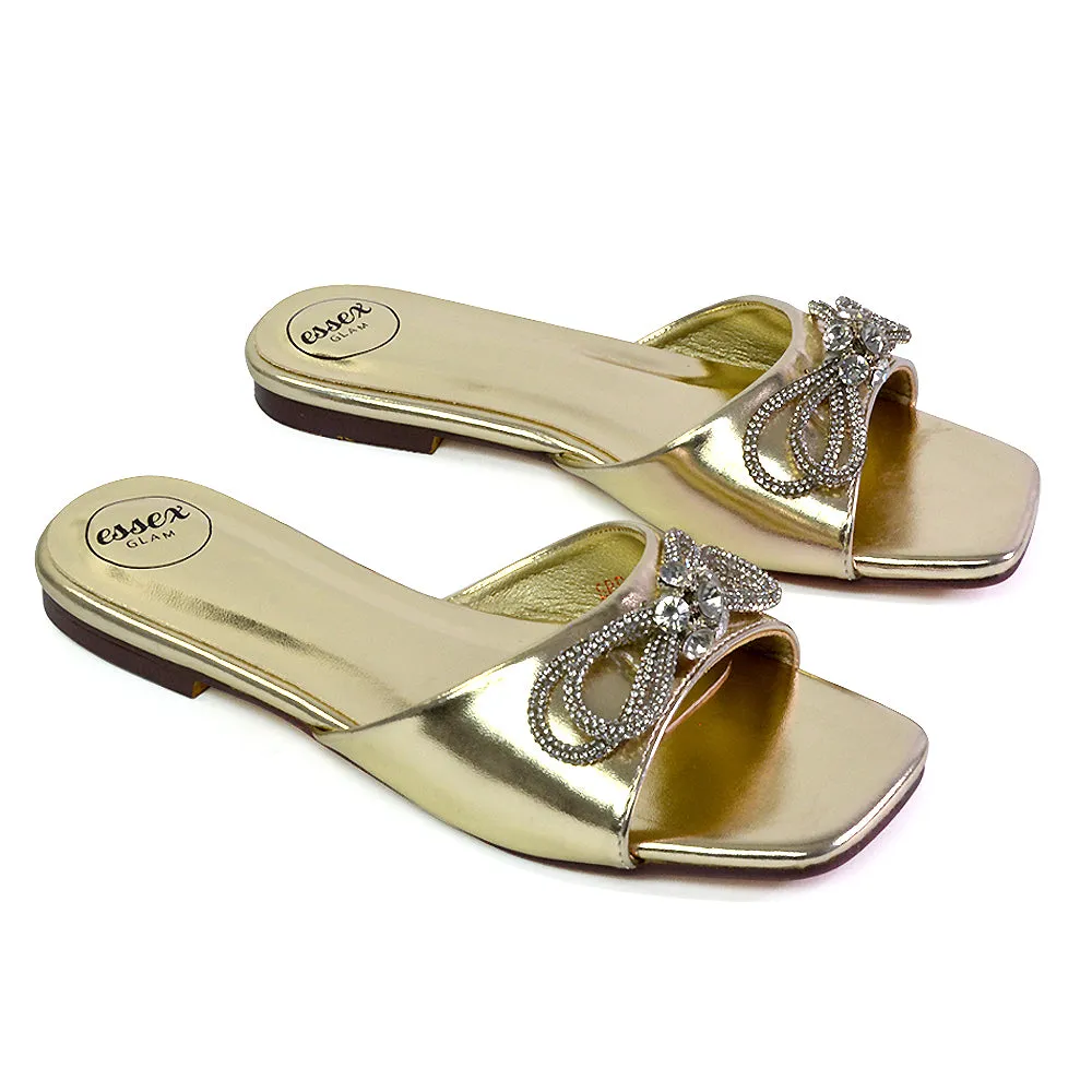Farah Diamante Bow Square Toe Slip on Flat Summer Sandal Sliders in Fuchsia