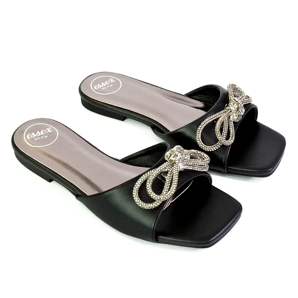 Farah Diamante Bow Square Toe Slip on Flat Summer Sandal Sliders in Fuchsia