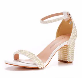 Fashion Fish Mouth One Strap Thick Heels Wedding Shoes with Beads