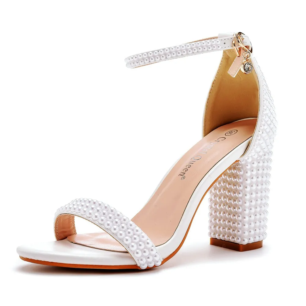 Fashion Fish Mouth One Strap Thick Heels Wedding Shoes with Beads