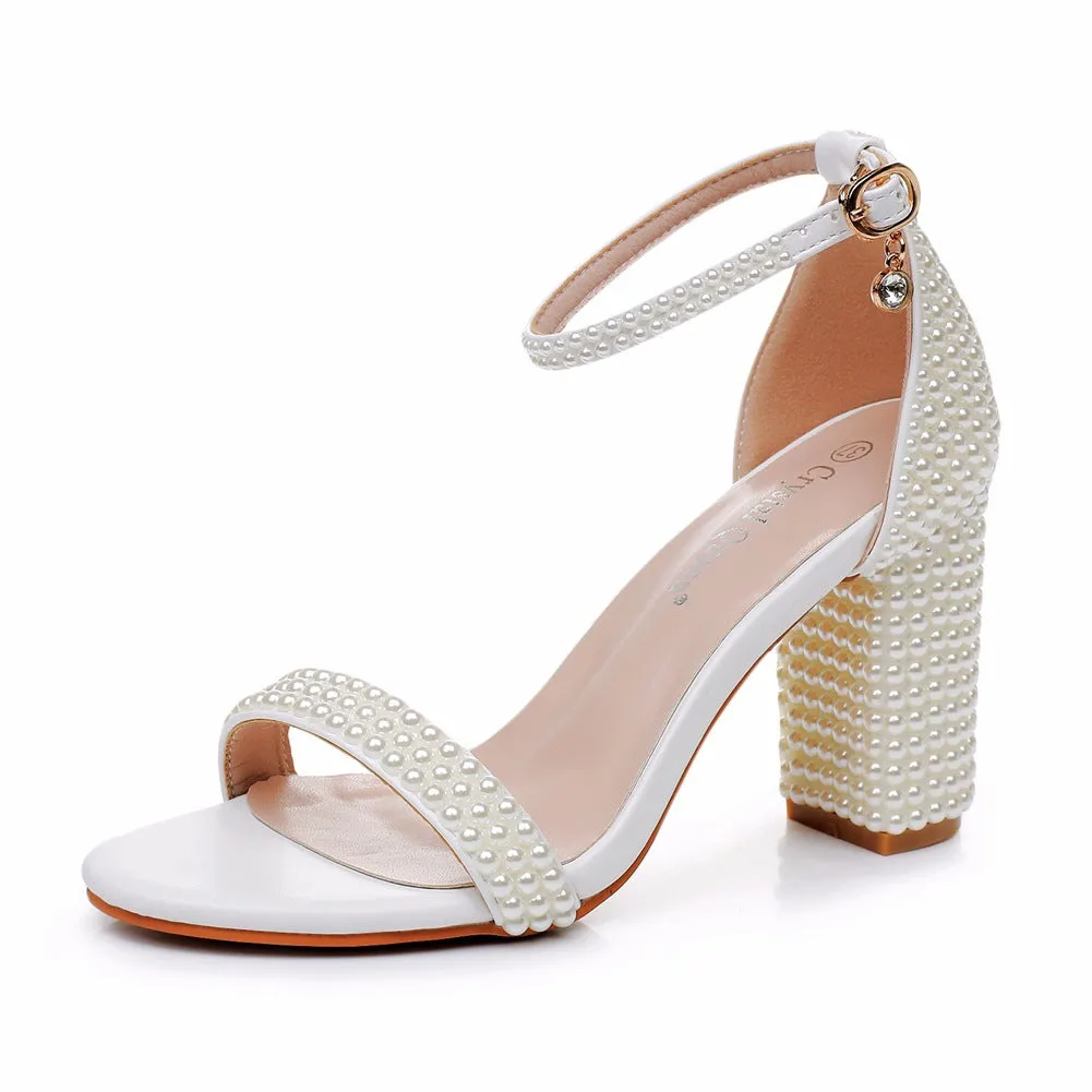 Fashion Fish Mouth One Strap Thick Heels Wedding Shoes with Beads