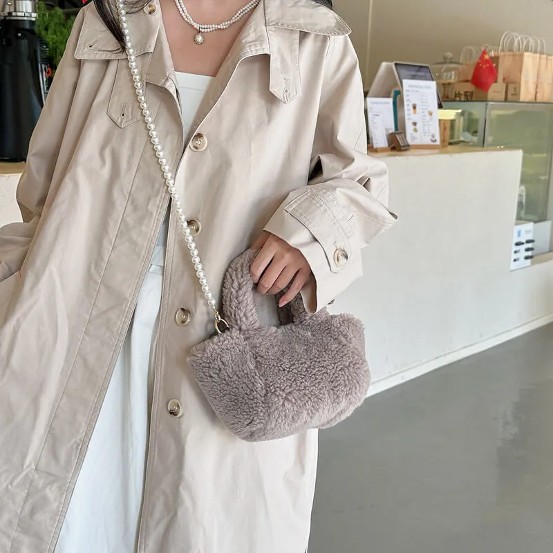 Faux Fur Mini Tote Bag with Pearl Strap-Showtown