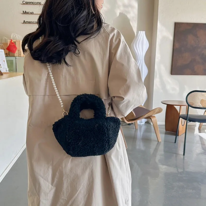 Faux Fur Mini Tote Bag with Pearl Strap-Showtown