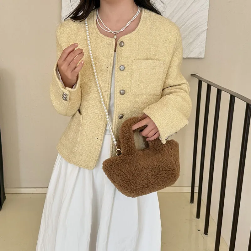Faux Fur Mini Tote Bag with Pearl Strap-Showtown