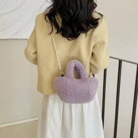 Faux Fur Mini Tote Bag with Pearl Strap-Showtown