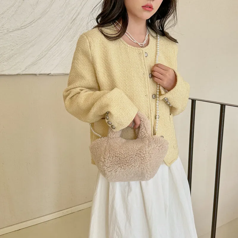 Faux Fur Mini Tote Bag with Pearl Strap-Showtown