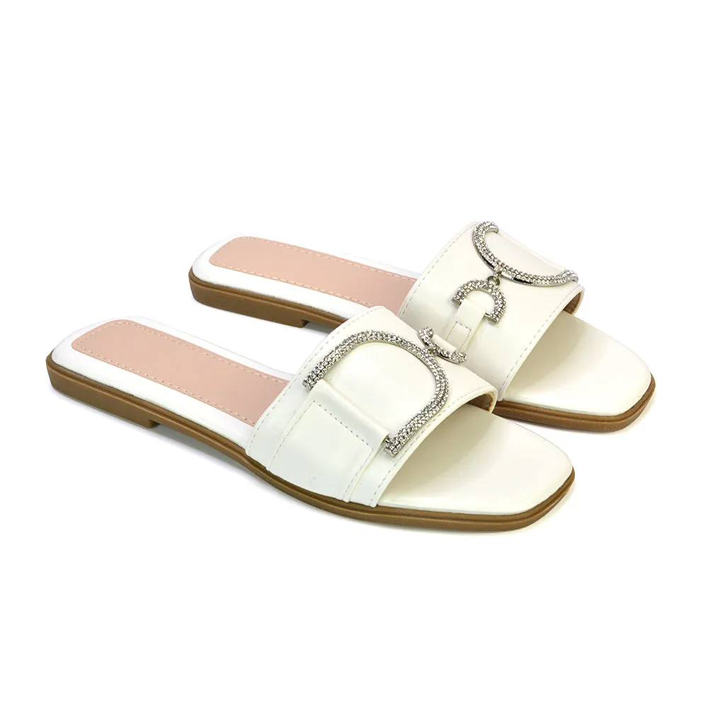Florence Square Toe Diamante Embellished Flat Sandals in Black