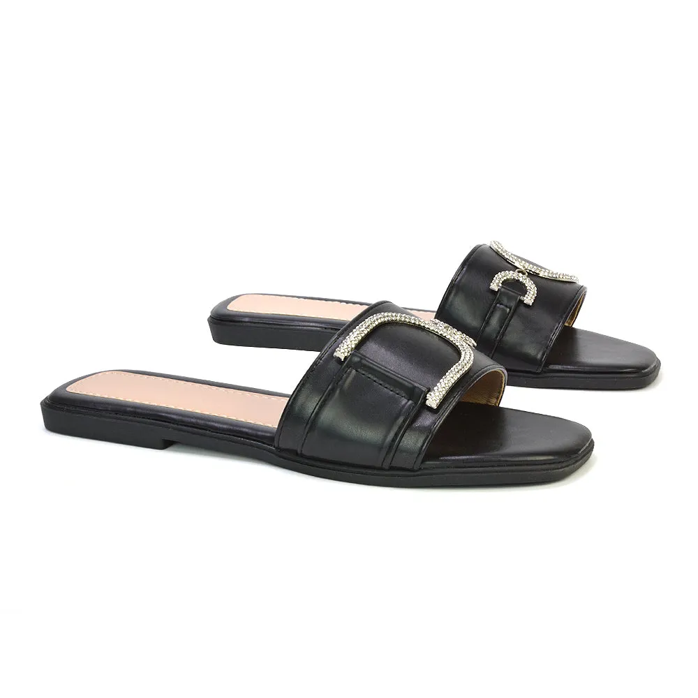 Florence Square Toe Diamante Embellished Flat Sandals in Black