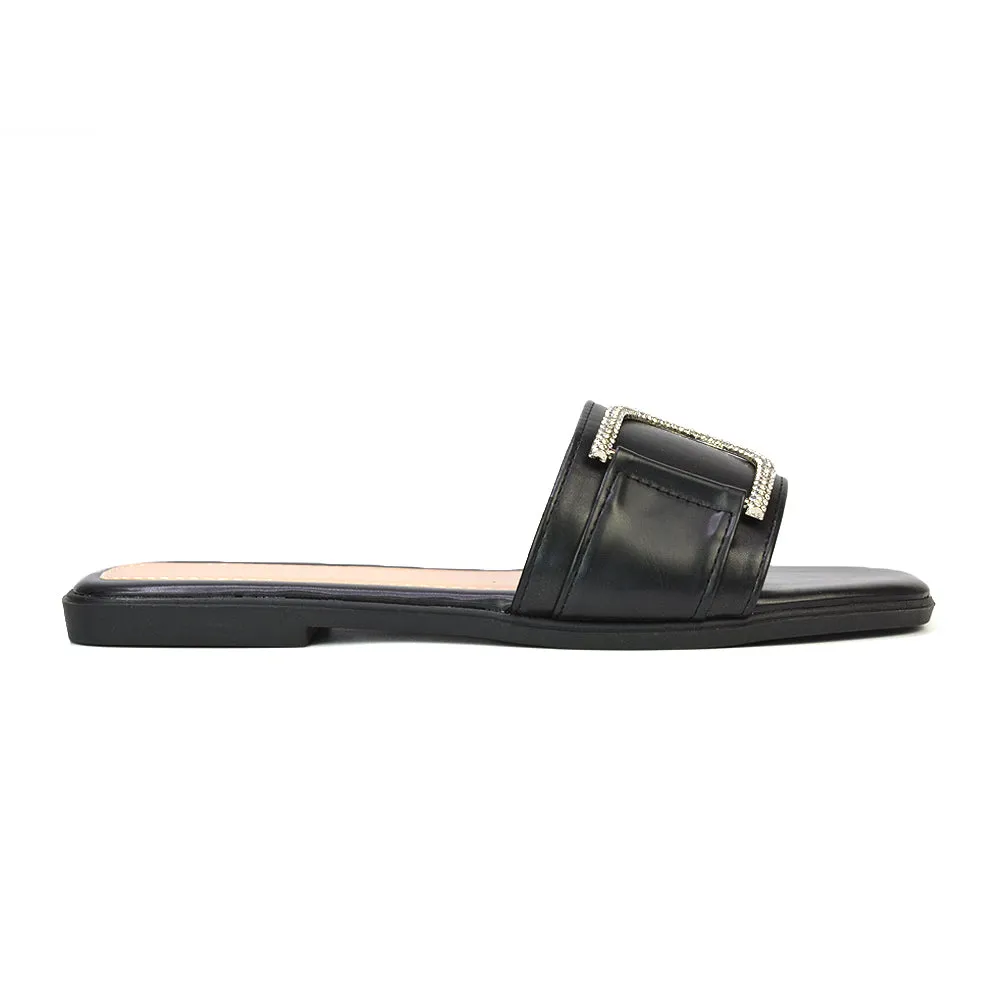 Florence Square Toe Diamante Embellished Flat Sandals in Black