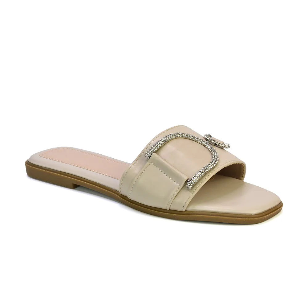 Florence Square Toe Diamante Embellished Flat Sandals in Black