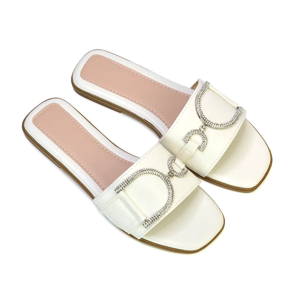 Florence Square Toe Diamante Embellished Flat Sandals in Black