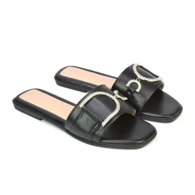 Florence Square Toe Diamante Embellished Flat Sandals in Black