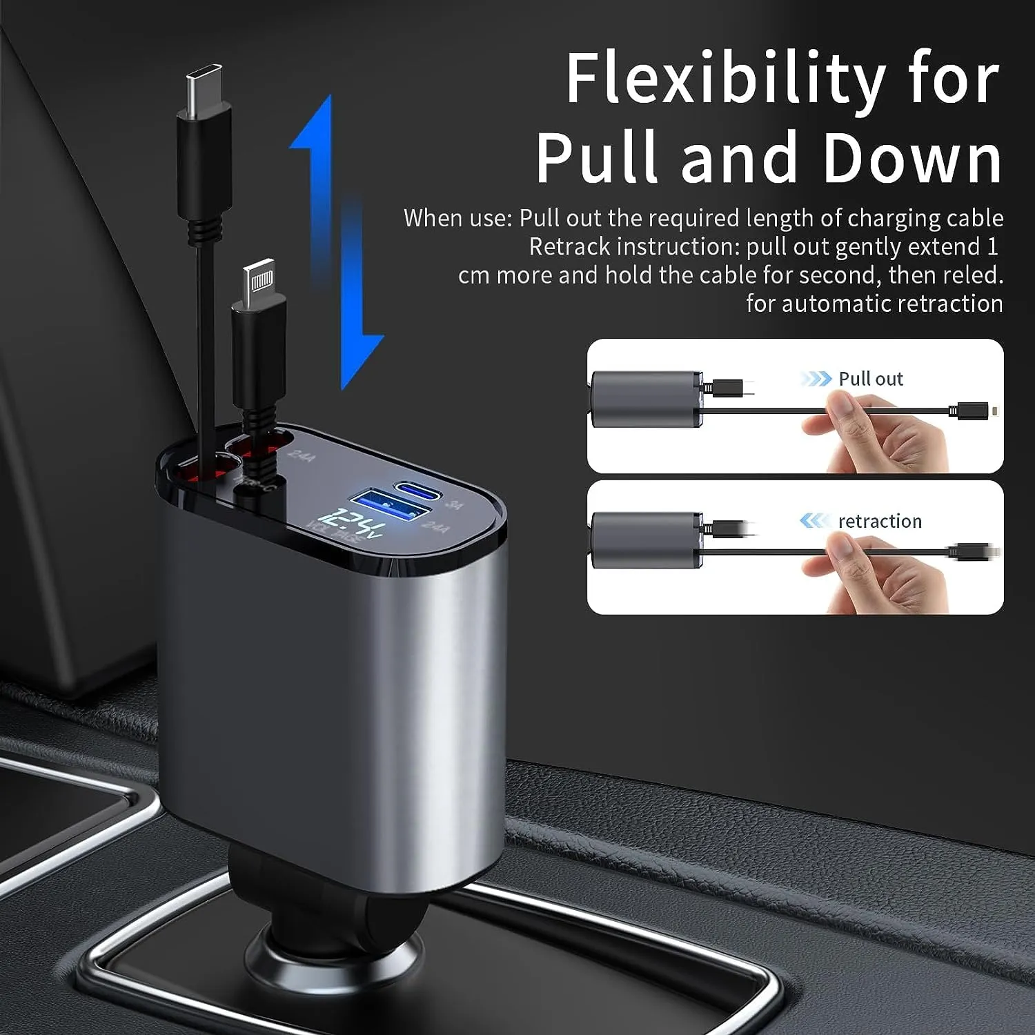 FOKKAH 60W Retractable Car Charger Compatible with iPhone15/14/13/12/11,Fast Car Power Adapter PD20W /Type-C 40W,Car USB Fast Phone Charger (Quadrate)