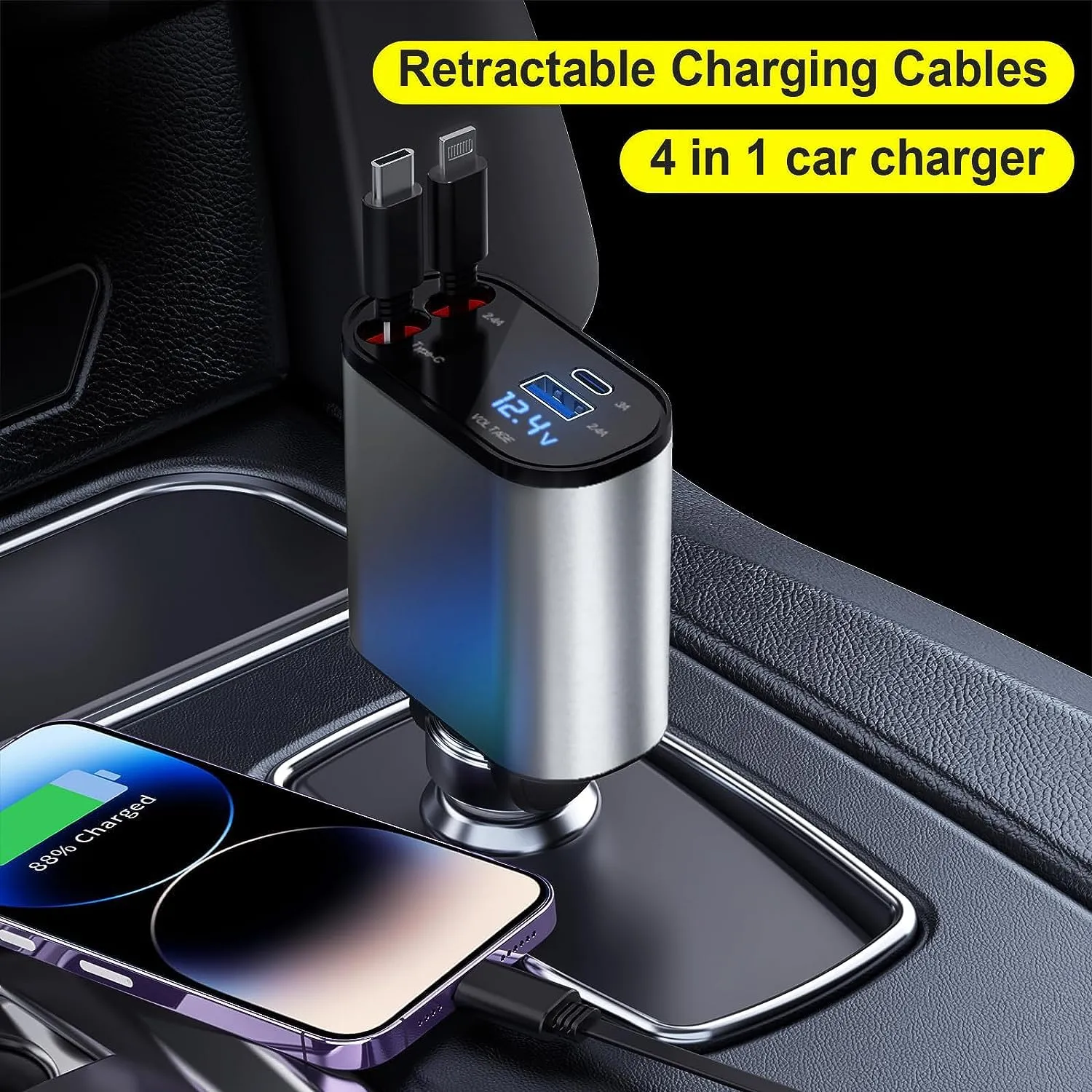 FOKKAH 60W Retractable Car Charger Compatible with iPhone15/14/13/12/11,Fast Car Power Adapter PD20W /Type-C 40W,Car USB Fast Phone Charger (Quadrate)