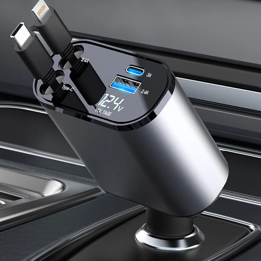FOKKAH 60W Retractable Car Charger Compatible with iPhone15/14/13/12/11,Fast Car Power Adapter PD20W /Type-C 40W,Car USB Fast Phone Charger (Quadrate)