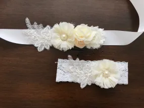 French White and Ivory Baptism Headband & Sash