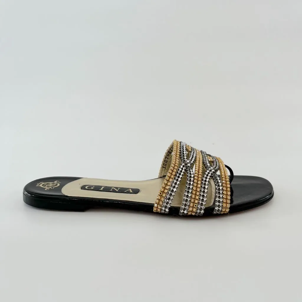 Gina Black Patent Leather Silver and Gold Crystal Embellished Crisscross Slide Flats, UK 5.5