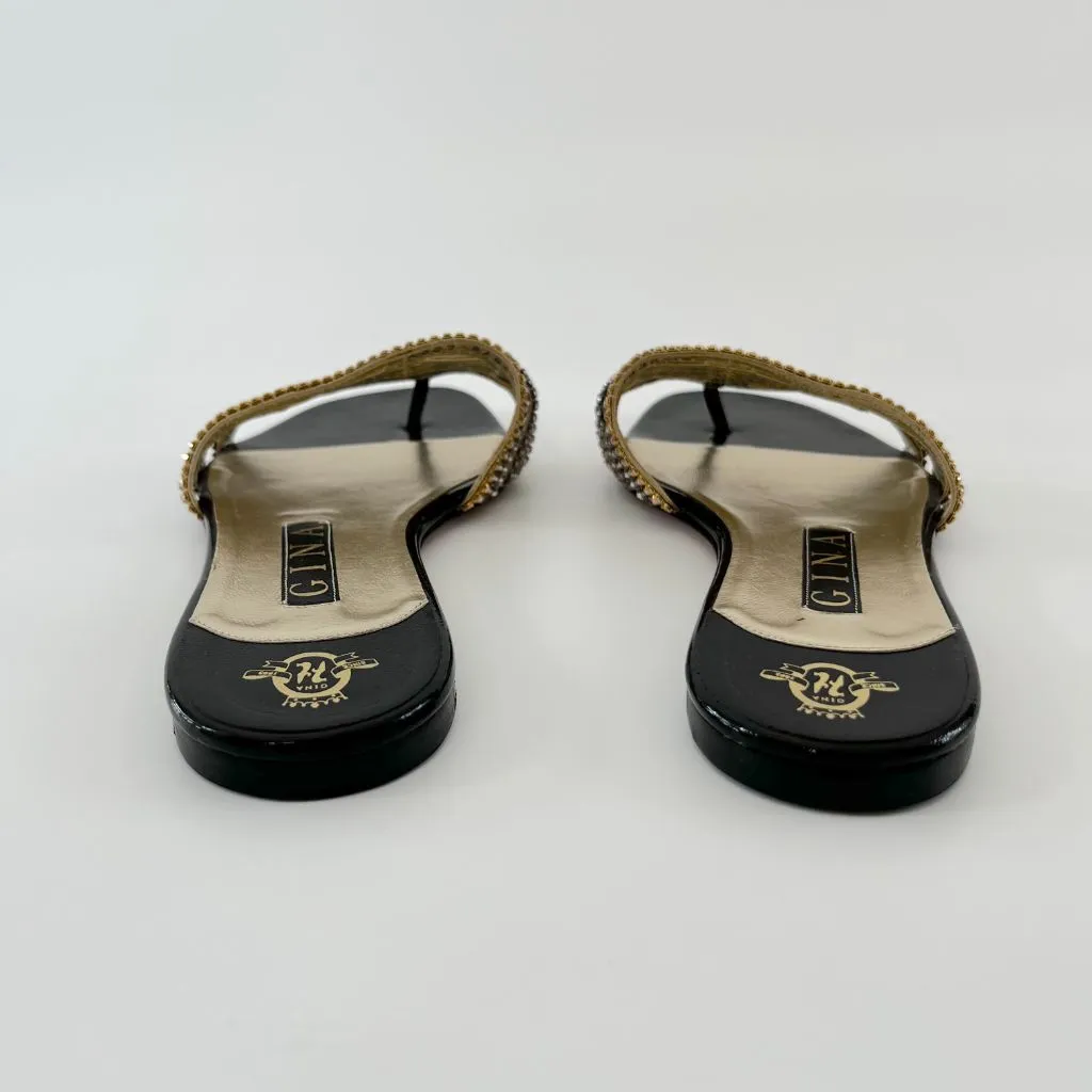 Gina Black Patent Leather Silver and Gold Crystal Embellished Crisscross Slide Flats, UK 5.5