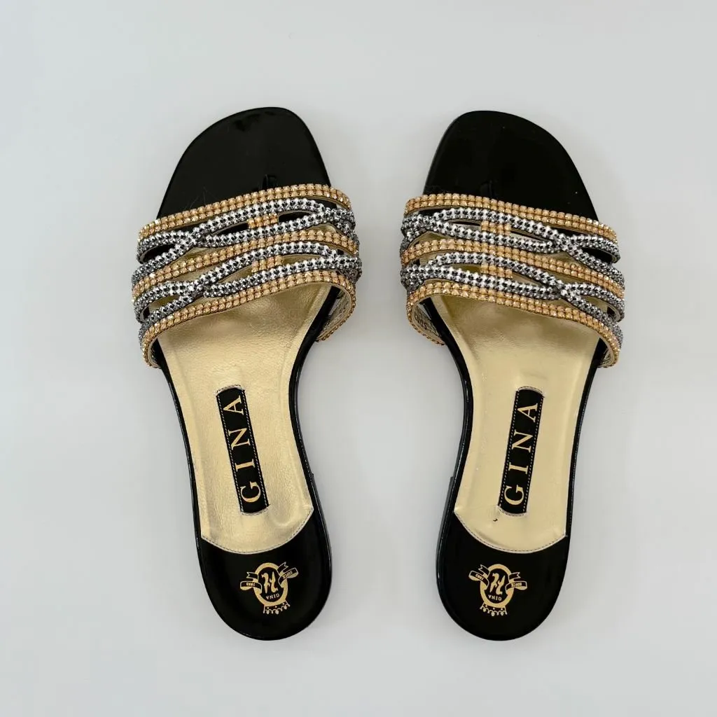 Gina Black Patent Leather Silver and Gold Crystal Embellished Crisscross Slide Flats, UK 5.5