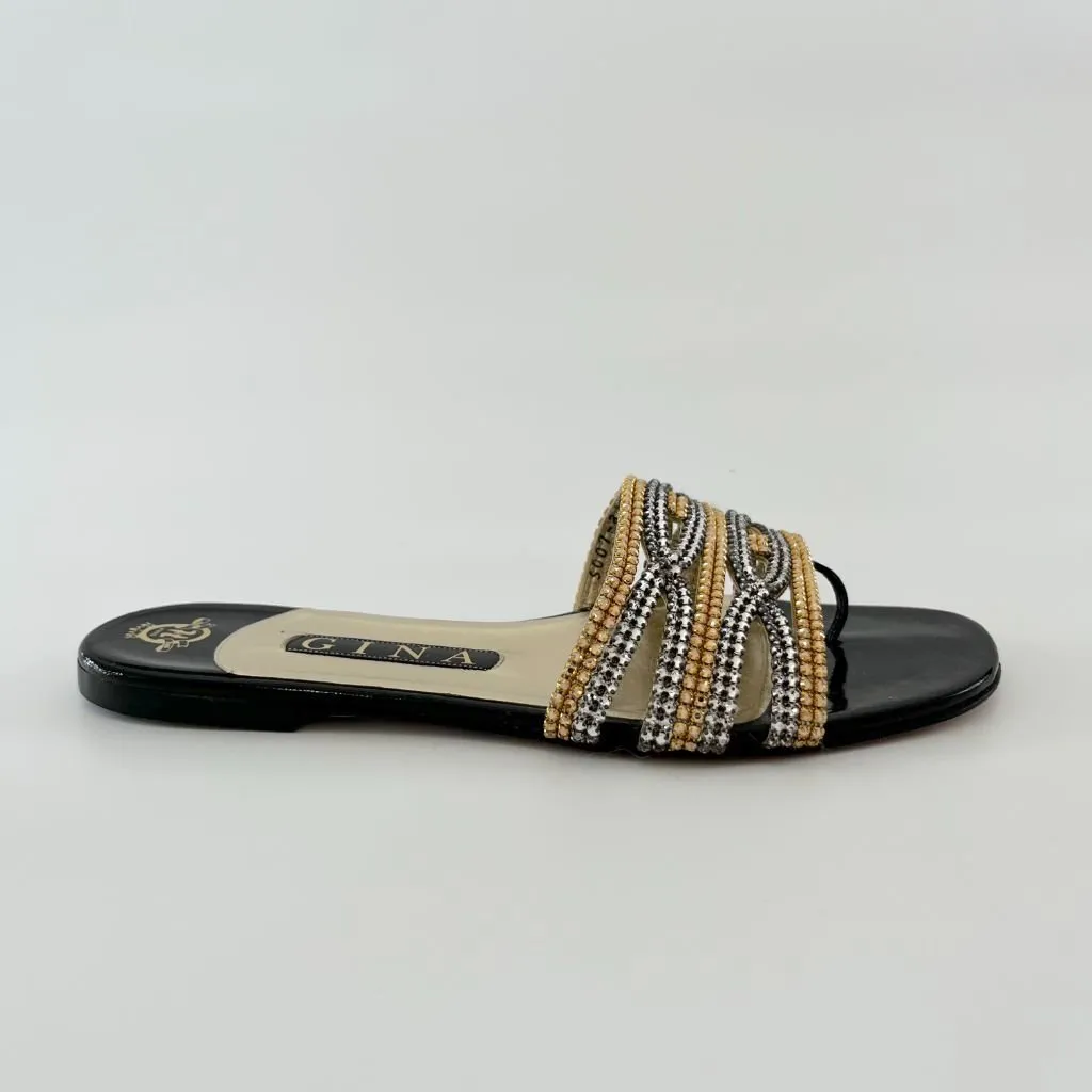 Gina Black Patent Leather Silver and Gold Crystal Embellished Crisscross Slide Flats, UK 5.5
