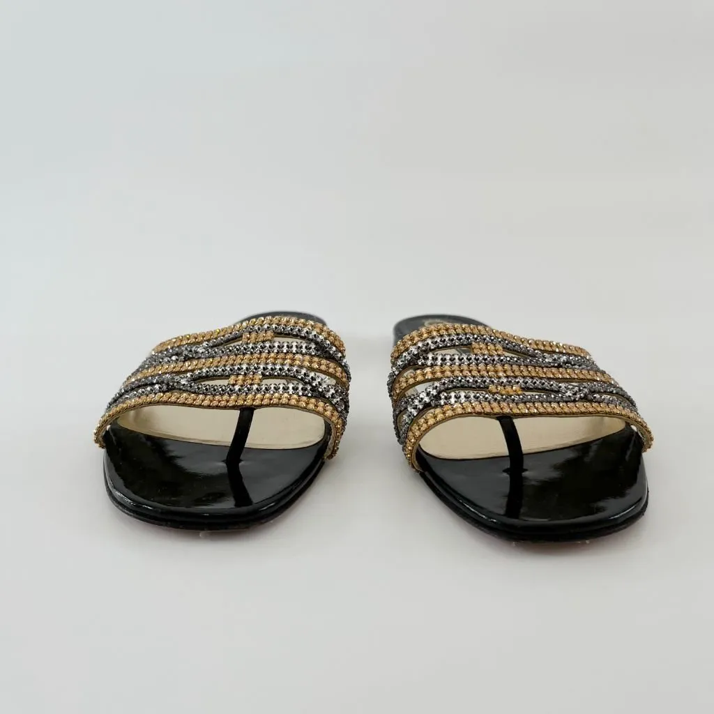 Gina Black Patent Leather Silver and Gold Crystal Embellished Crisscross Slide Flats, UK 5.5