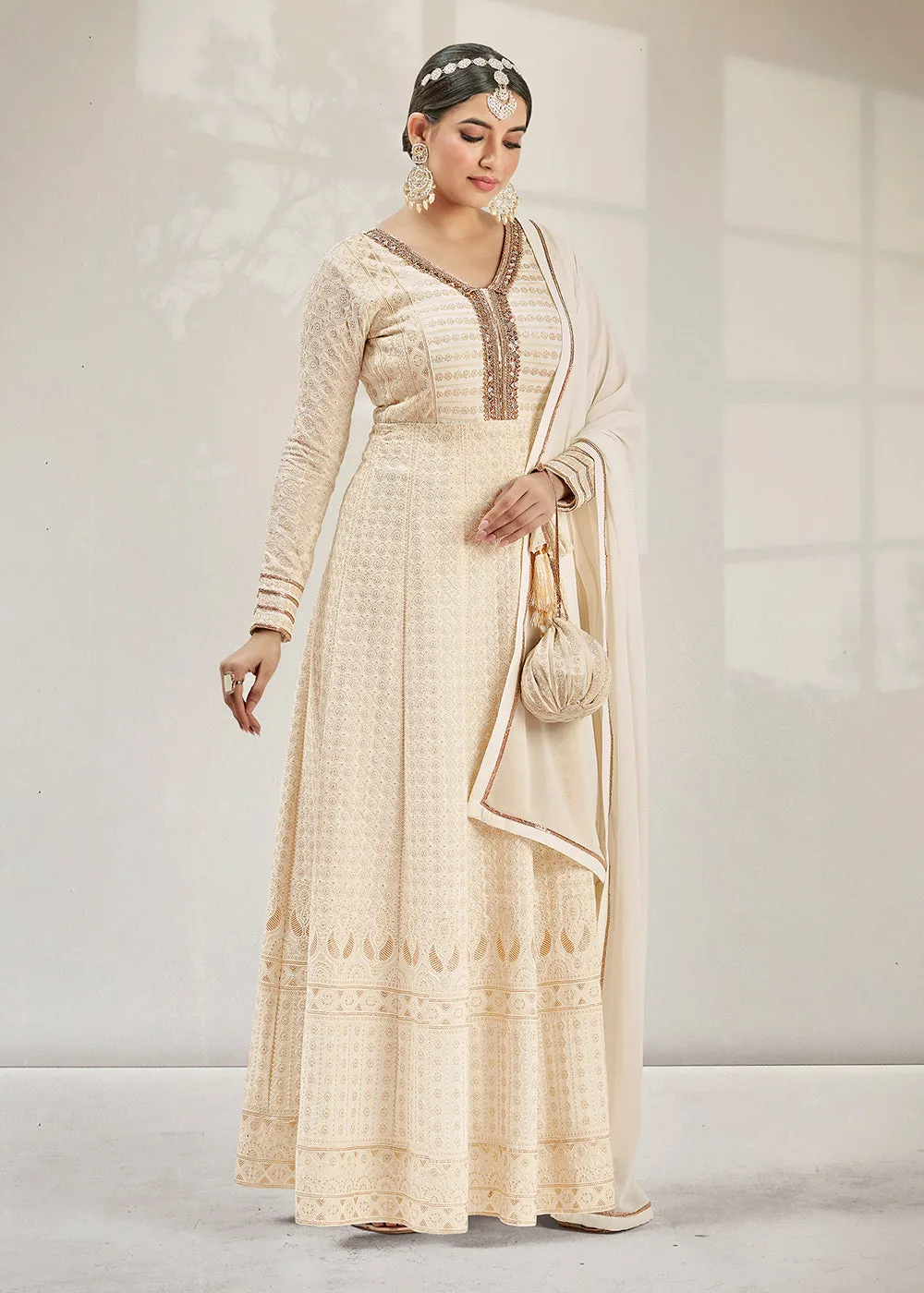 Glittering Party Style Pearl White Traditional Embroidered Anarkali Suit