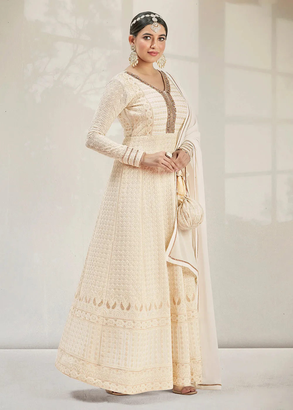 Glittering Party Style Pearl White Traditional Embroidered Anarkali Suit