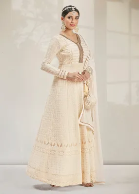 Glittering Party Style Pearl White Traditional Embroidered Anarkali Suit
