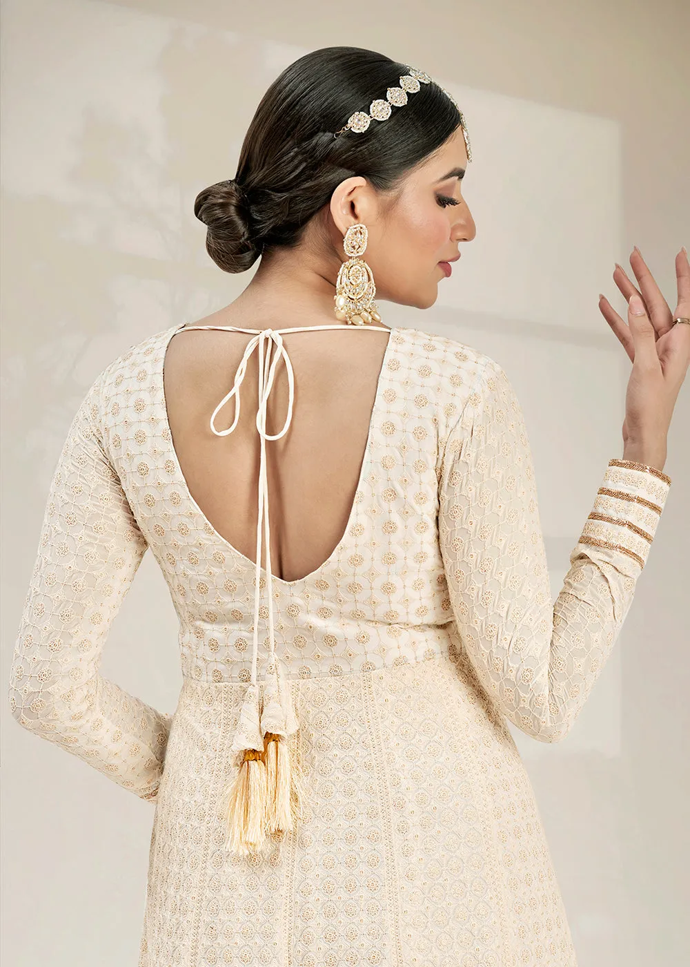 Glittering Party Style Pearl White Traditional Embroidered Anarkali Suit