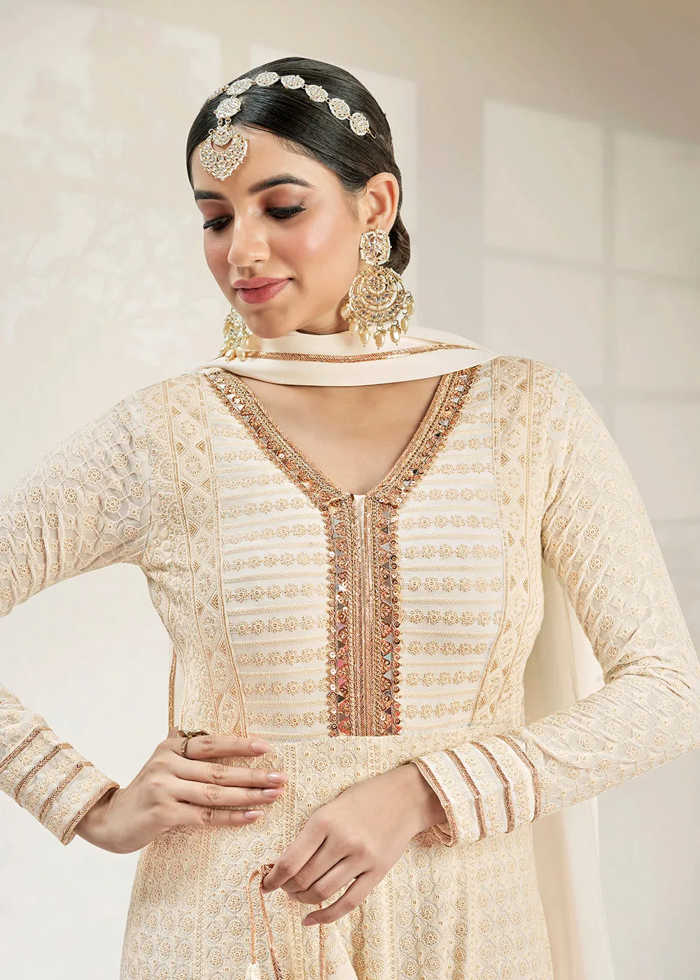 Glittering Party Style Pearl White Traditional Embroidered Anarkali Suit