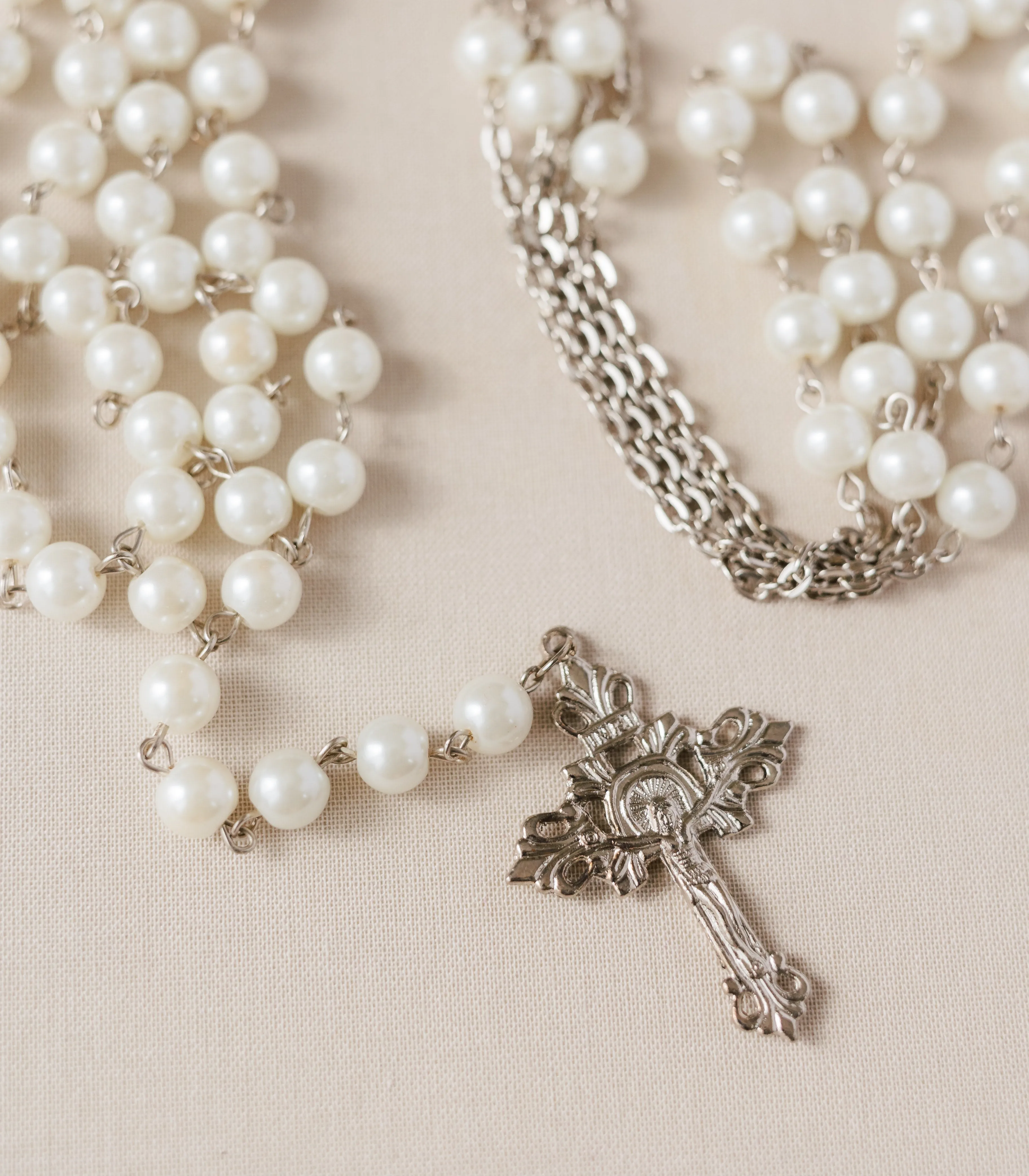 Glossy Pearl Rosary Wedding Unity Cord - Silver