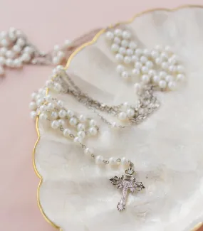 Glossy Pearl Rosary Wedding Unity Cord - Silver