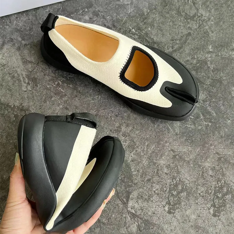 Handmade Cowhide Tabi Mary Jane Flats with 20mm Heel in Black/White