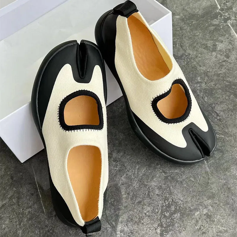 Handmade Cowhide Tabi Mary Jane Flats with 20mm Heel in Black/White