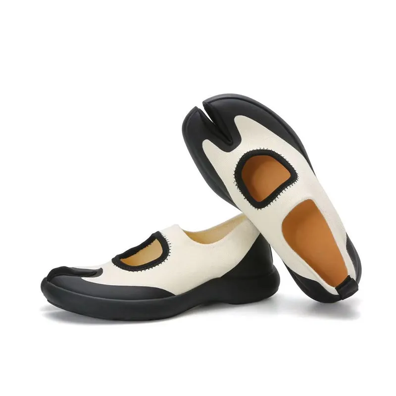 Handmade Cowhide Tabi Mary Jane Flats with 20mm Heel in Black/White