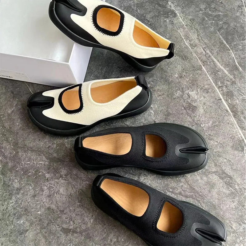 Handmade Cowhide Tabi Mary Jane Flats with 20mm Heel in Black/White
