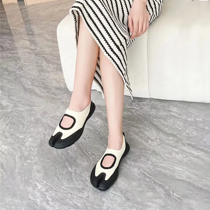 Handmade Cowhide Tabi Mary Jane Flats with 20mm Heel in Black/White
