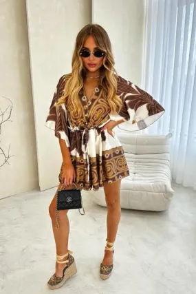 Harlee brown floral patterned  tie waist playsuit