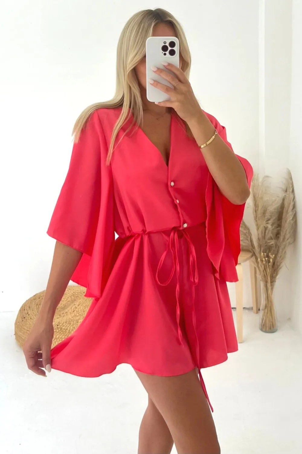 Harlee Coral Tie Waist Playsuit