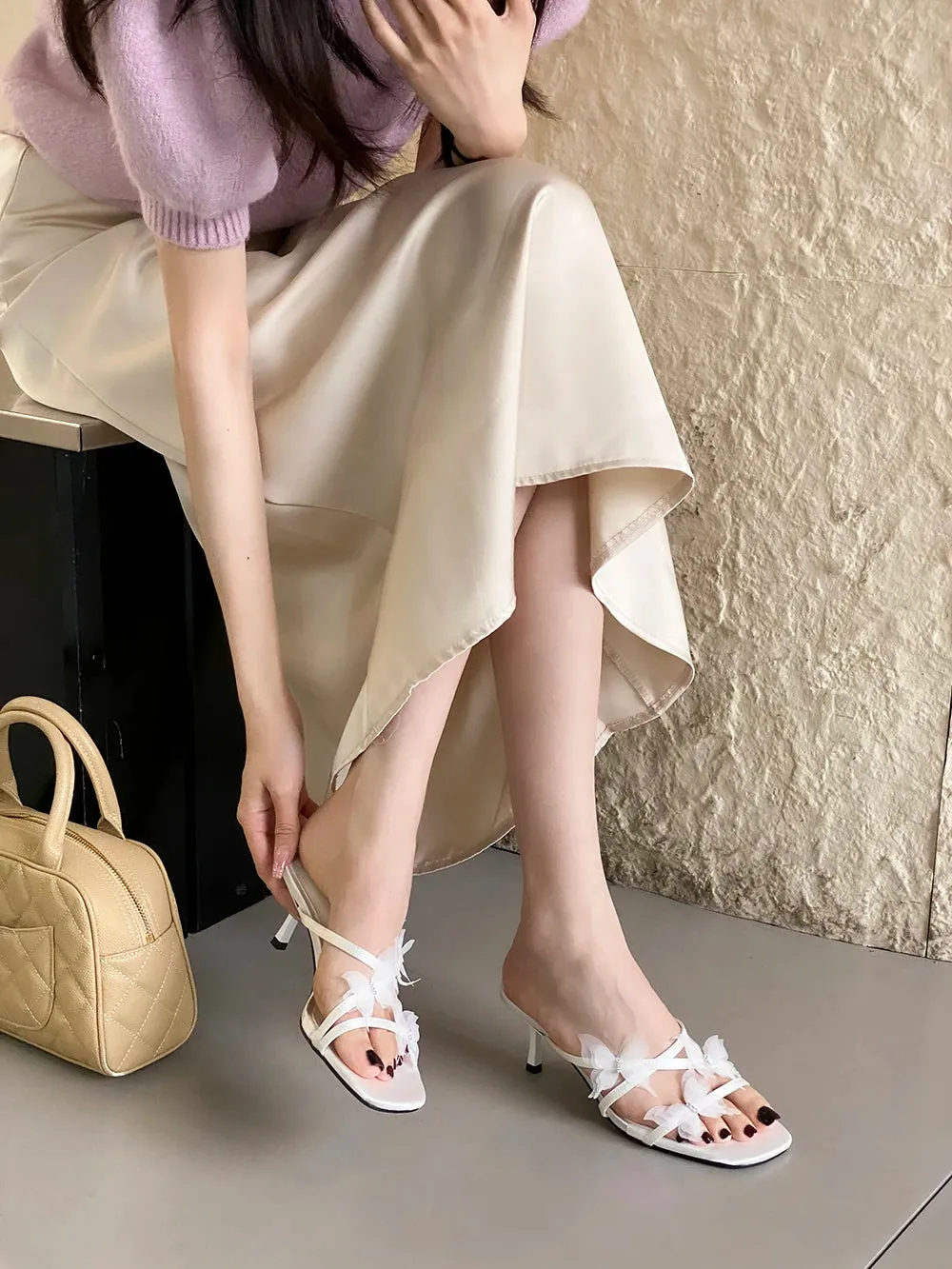 Hnzxzm Black White Women Sandals Slippers Open Toe Summer Dress Shoes Thin High Heels Butterfly Design Wedding Pumps Size 35-40 Fashion