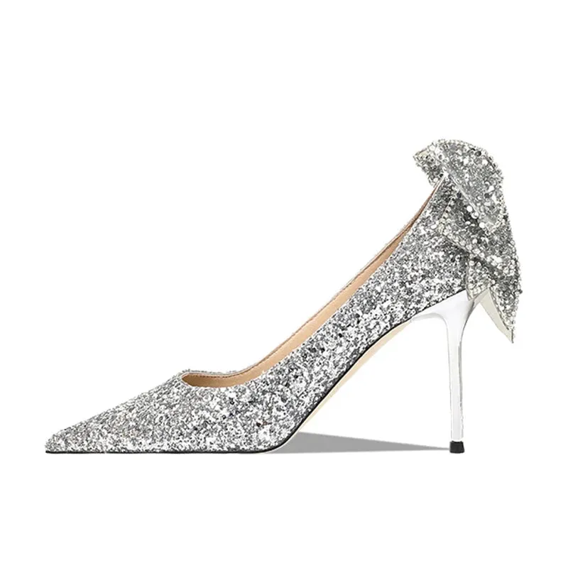 Hnzxzm Bling Sequins Wedding Shoes for Women Bride Elegant Pointed Toe Thin Heels Pumps Woman Silver Crystal High Heels for Ladies