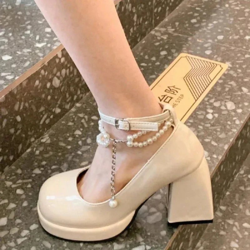 Hnzxzm New Ladies High Heels Elegant Bow Square Toe Black High Heels Fashion Thick Heel Wedding Party Pearl Lace Wedding Shoe