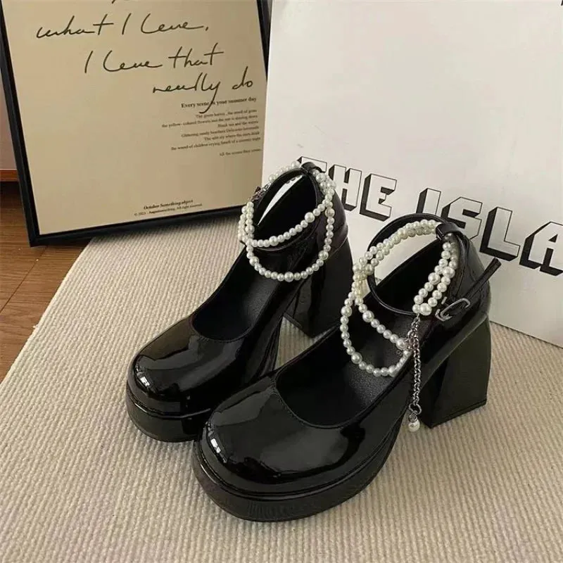 Hnzxzm New Ladies High Heels Elegant Bow Square Toe Black High Heels Fashion Thick Heel Wedding Party Pearl Lace Wedding Shoe