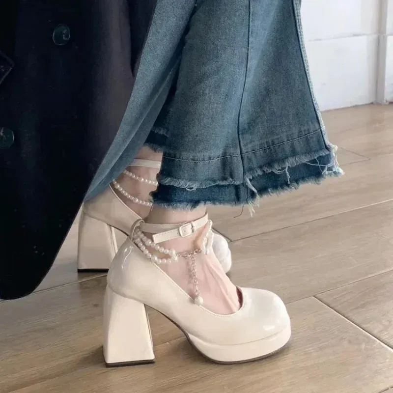 Hnzxzm New Ladies High Heels Elegant Bow Square Toe Black High Heels Fashion Thick Heel Wedding Party Pearl Lace Wedding Shoe