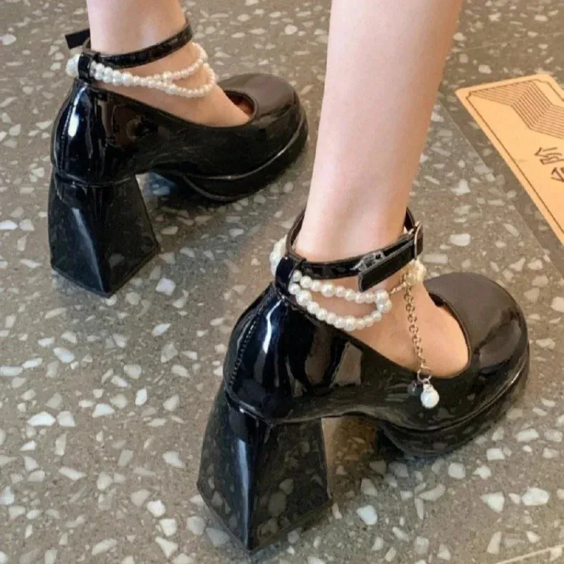 Hnzxzm New Ladies High Heels Elegant Bow Square Toe Black High Heels Fashion Thick Heel Wedding Party Pearl Lace Wedding Shoe